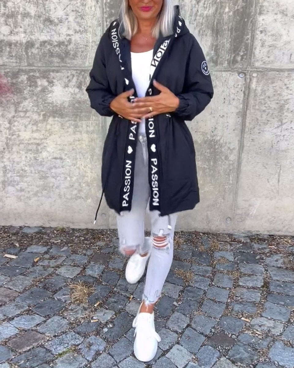 Hooded Drawstring Waist Letter Print Longline Parka Jacket 11