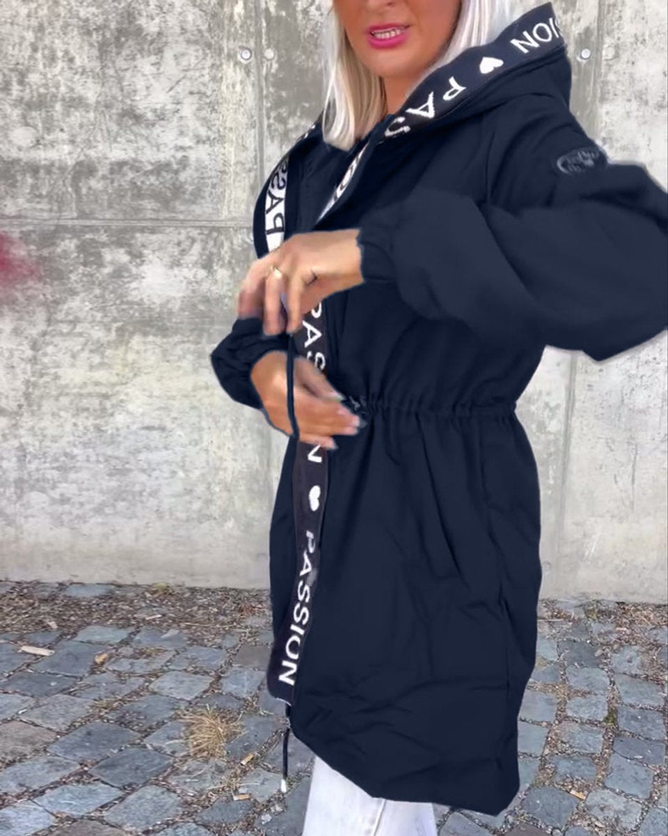 Hooded Drawstring Waist Letter Print Longline Parka Jacket 12