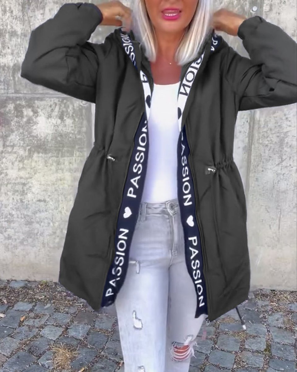 Hooded Drawstring Waist Letter Print Longline Parka Jacket 14