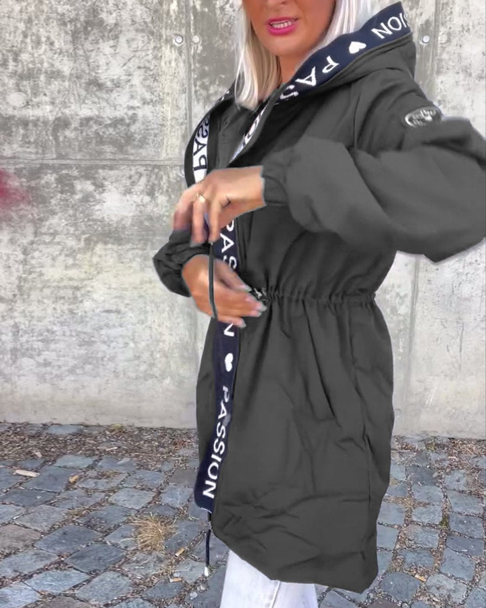 Hooded Drawstring Waist Letter Print Longline Parka Jacket 15