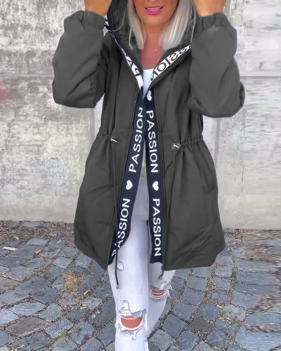Hooded Drawstring Waist Letter Print Longline Parka Jacket 3