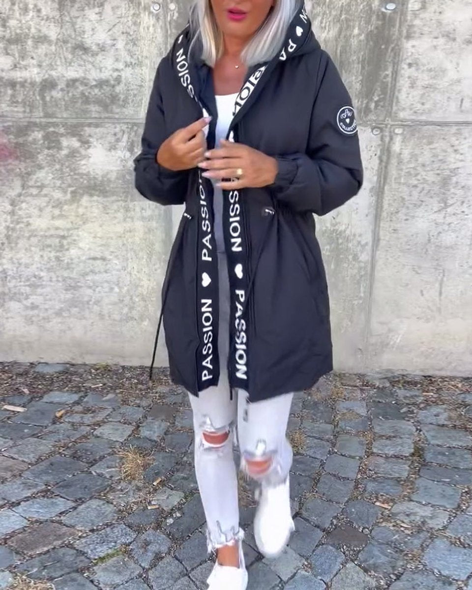 Hooded Drawstring Waist Letter Print Longline Parka Jacket 9