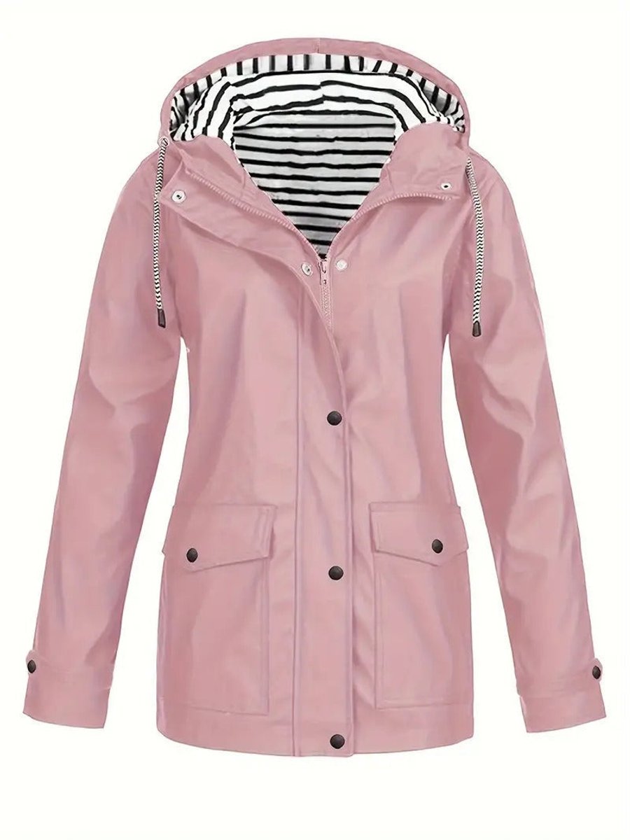 Hooded Striped Lined Zip Front Rain Jacket