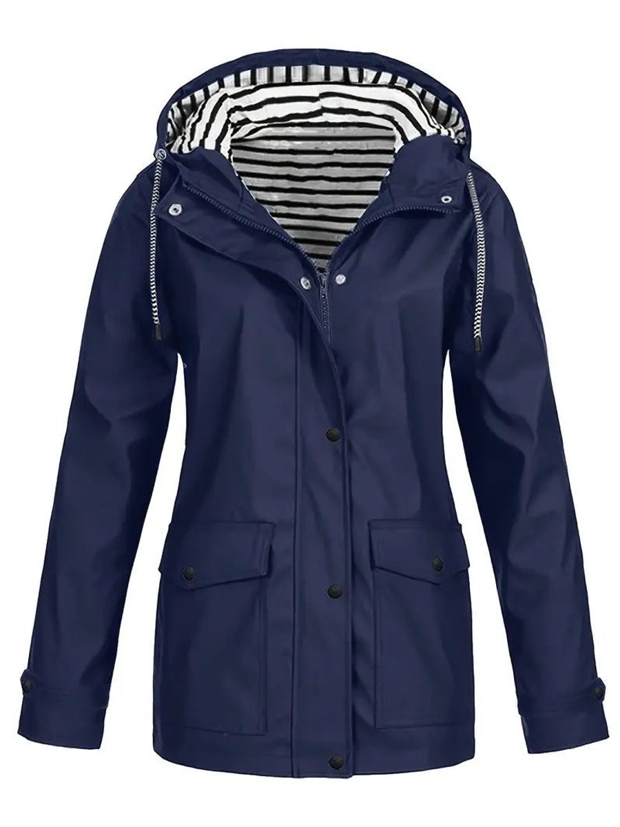 Hooded Striped Lined Zip Front Rain Jacket 4