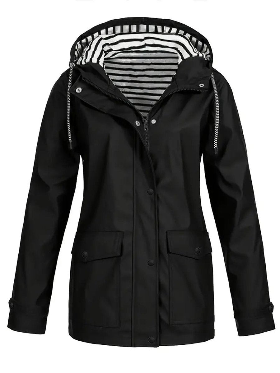 Hooded Striped Lined Zip Front Rain Jacket 6