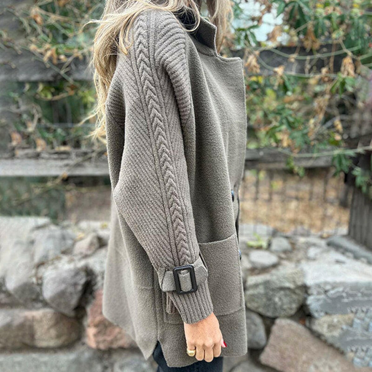 Double Breasted Knit Sleeve Stand Collar Coat 5