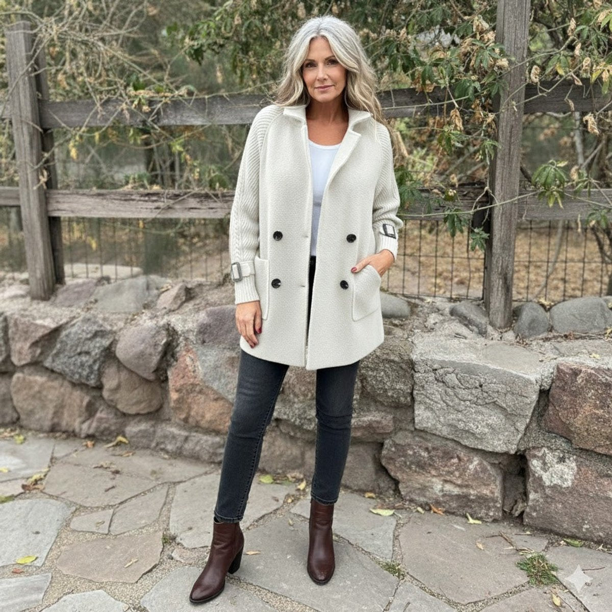 Double Breasted Knit Sleeve Stand Collar Coat 6
