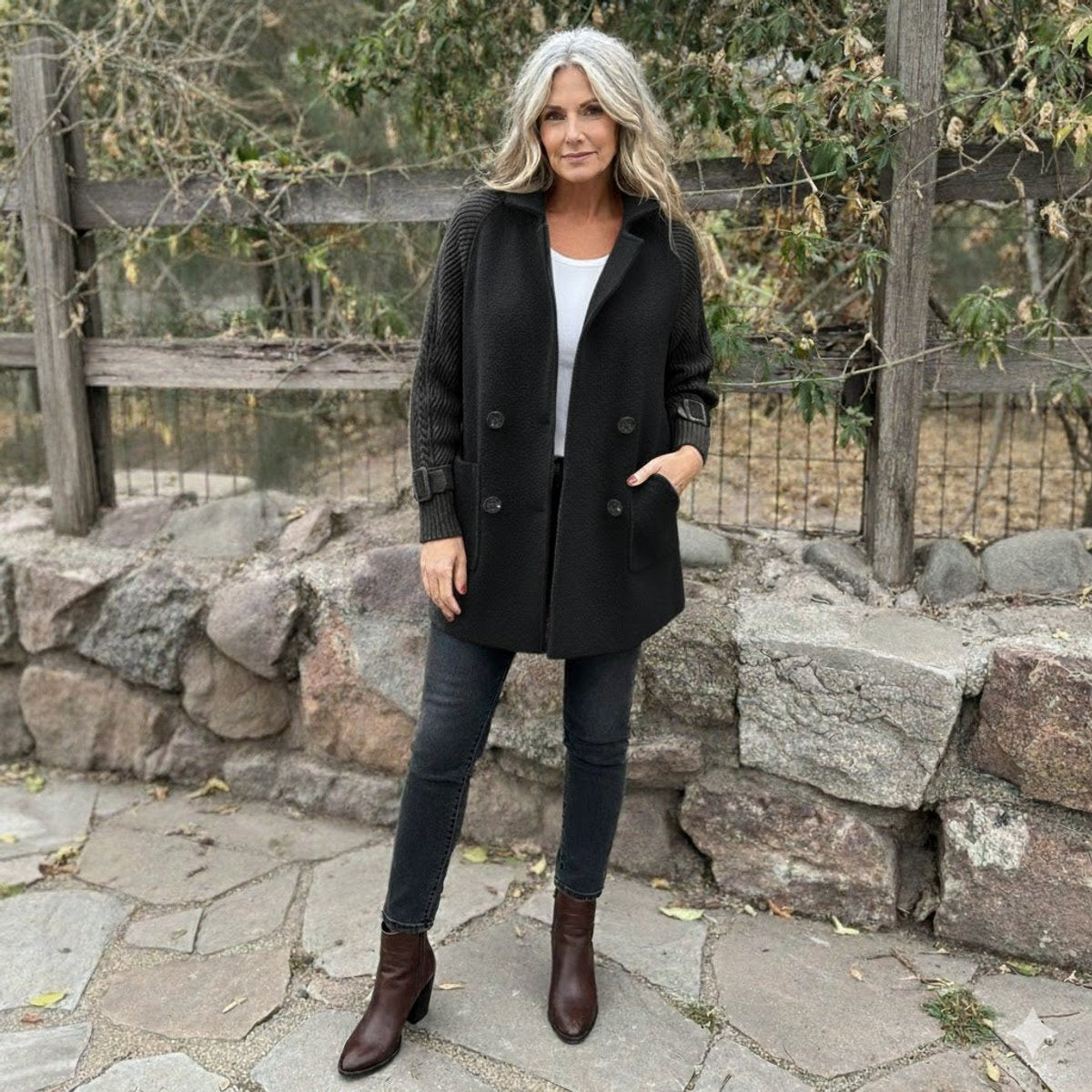 Double Breasted Knit Sleeve Stand Collar Coat 8