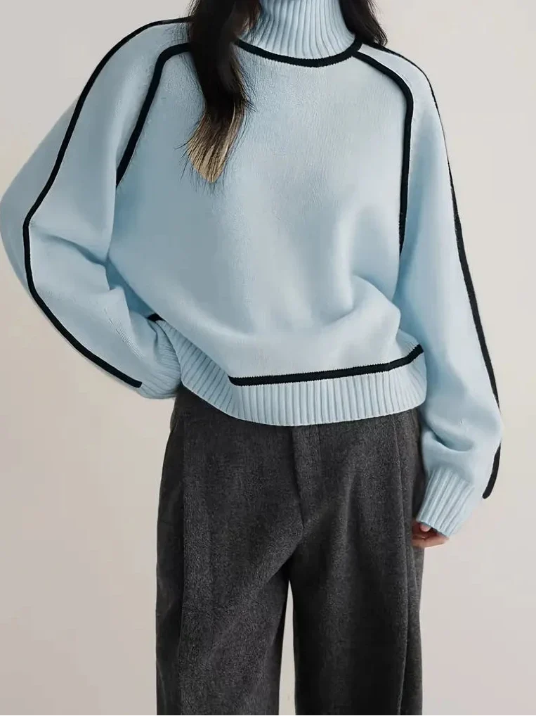 Turtleneck Long Sleeve Contrast Trim Sweater 11