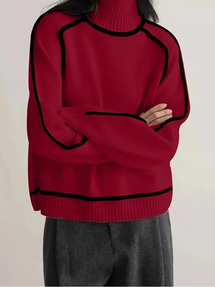 Turtleneck Long Sleeve Contrast Trim Sweater 12