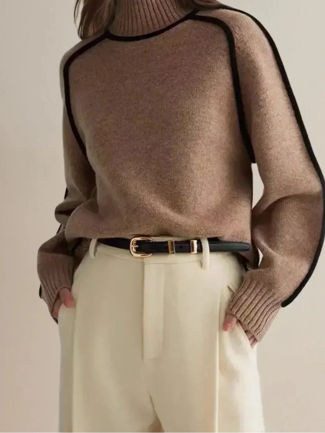 Turtleneck Long Sleeve Contrast Trim Sweater 2