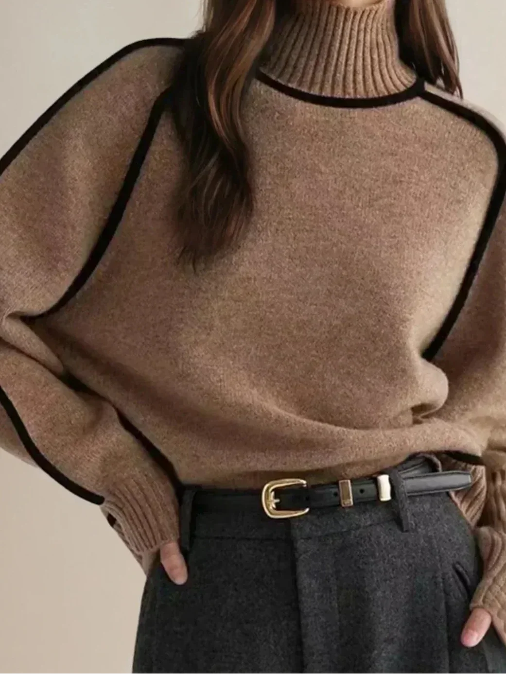 Turtleneck Long Sleeve Contrast Trim Sweater 3