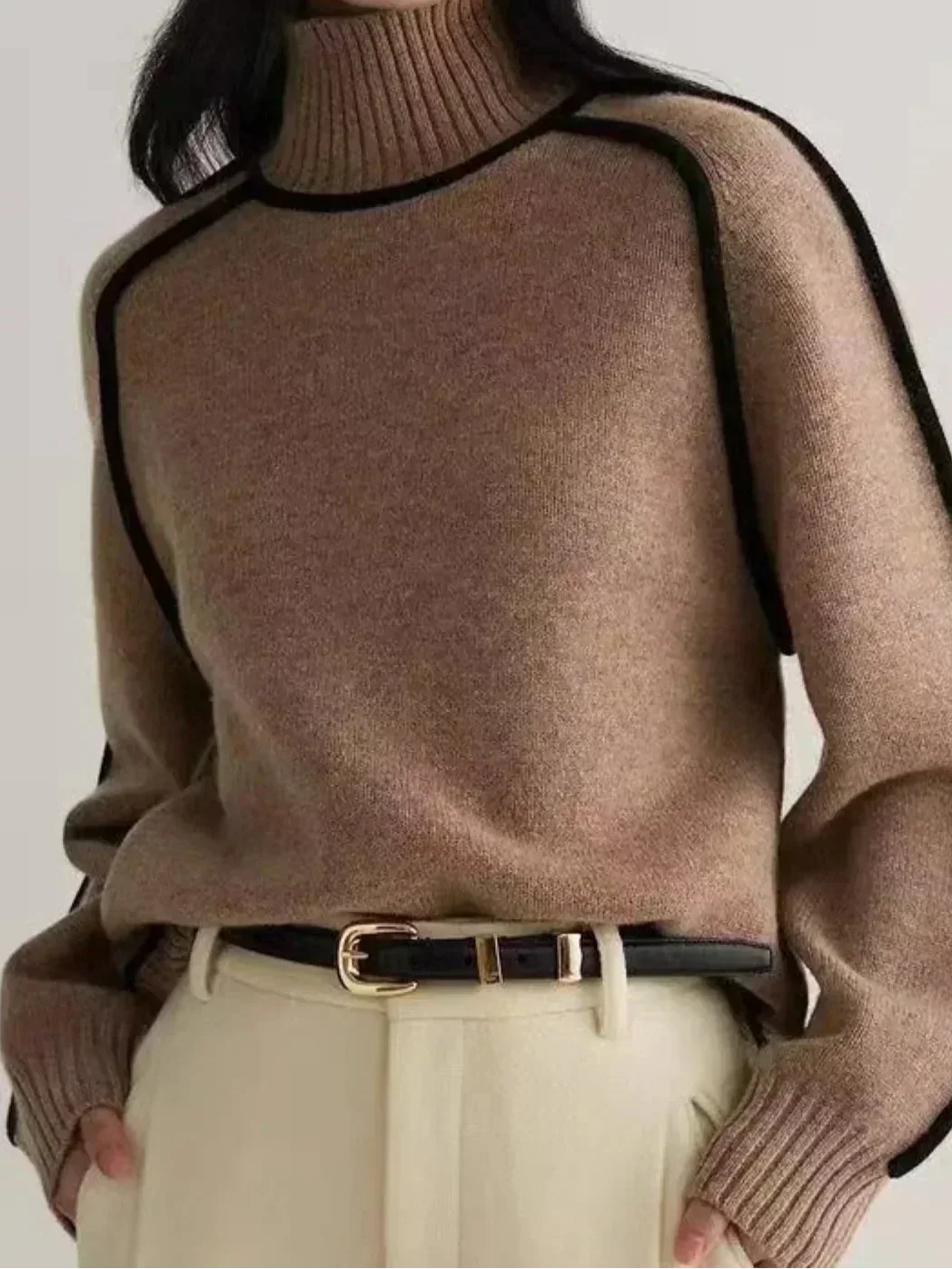 Turtleneck Long Sleeve Contrast Trim Sweater 4