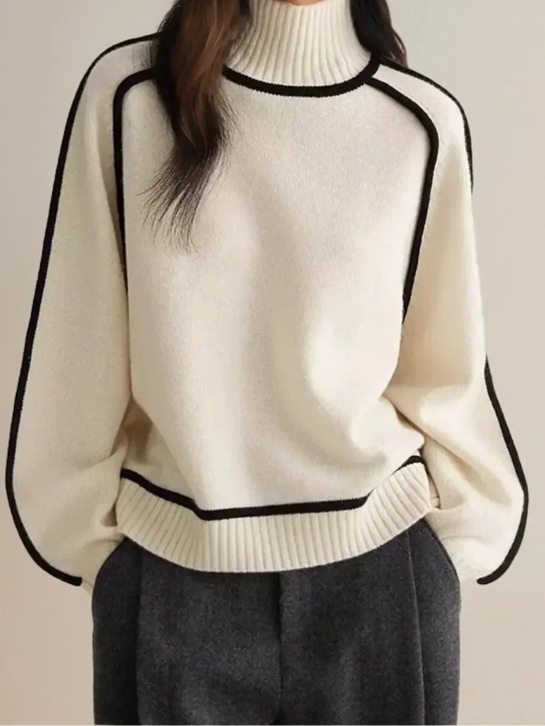 Turtleneck Long Sleeve Contrast Trim Sweater 5