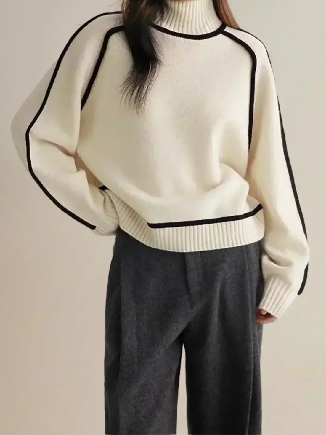 Turtleneck Long Sleeve Contrast Trim Sweater 6