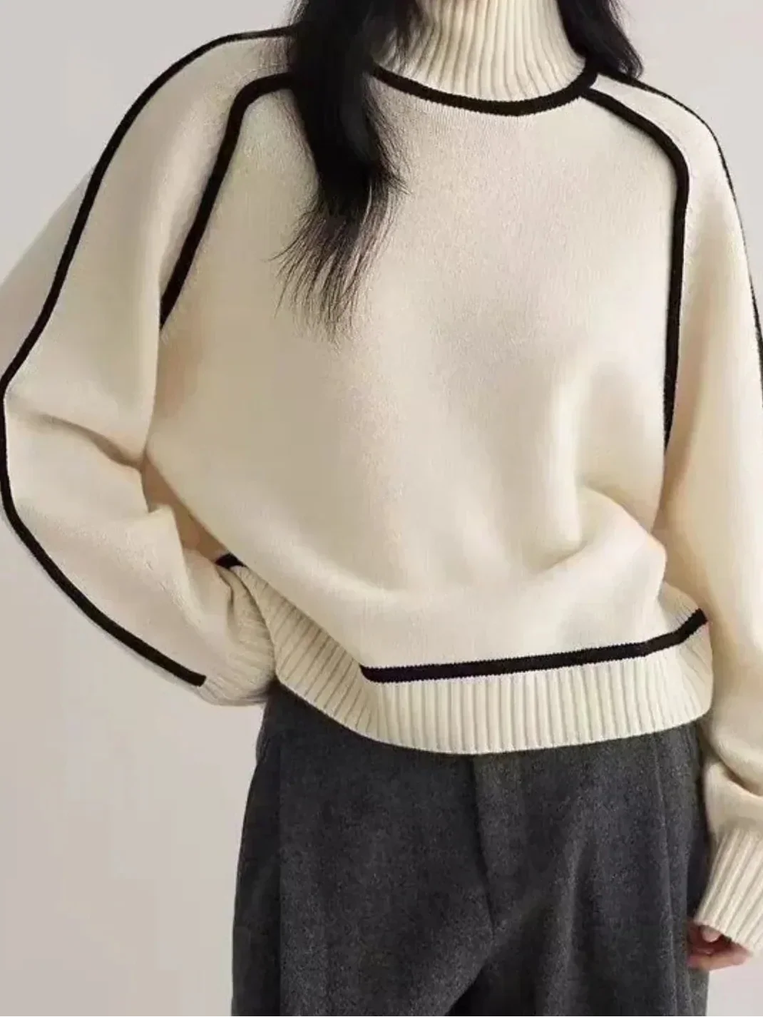 Turtleneck Long Sleeve Contrast Trim Sweater 7