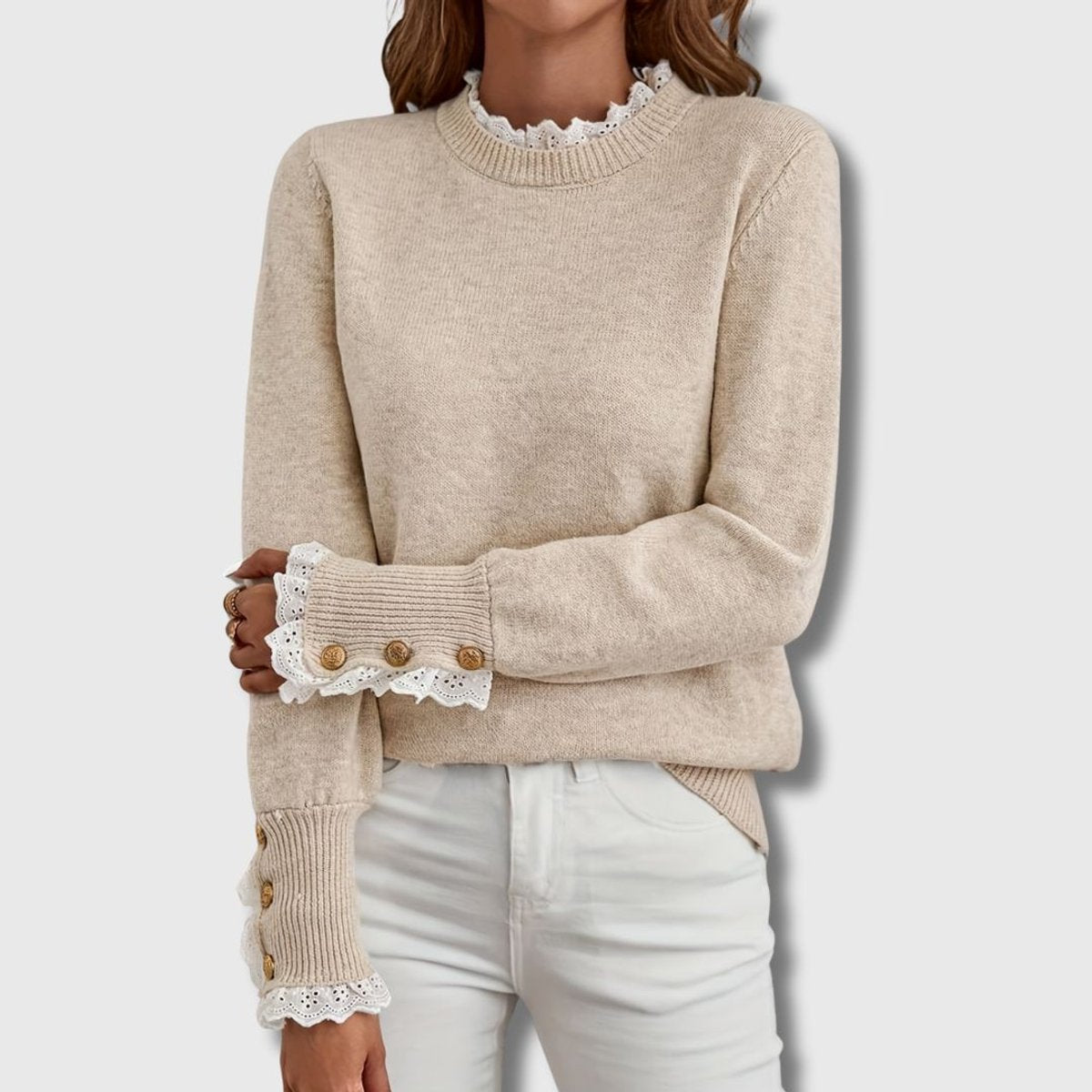 Frill Neck Lace Trim Button Cuff Knit Sweater