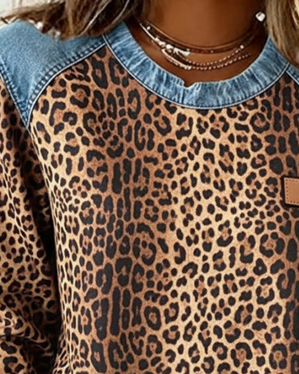 Leopard Print Denim Look Trim Crew Neck Long Sleeve Sweatshirt 2