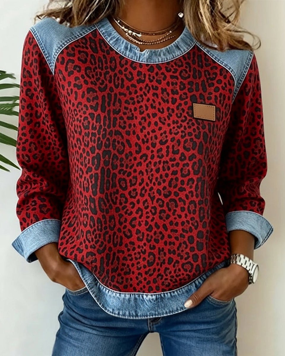 Leopard Print Denim Look Trim Crew Neck Long Sleeve Sweatshirt 7