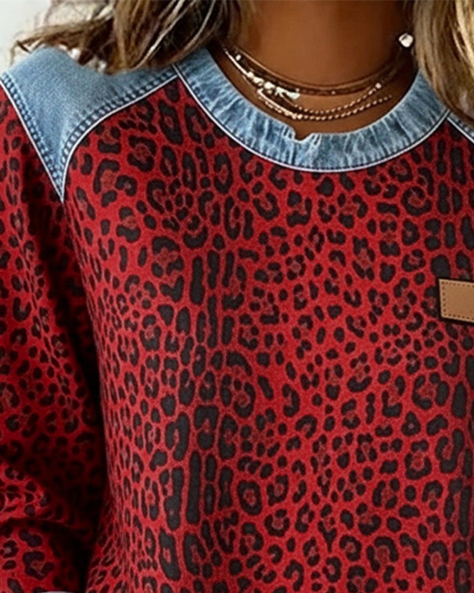 Leopard Print Denim Look Trim Crew Neck Long Sleeve Sweatshirt 8