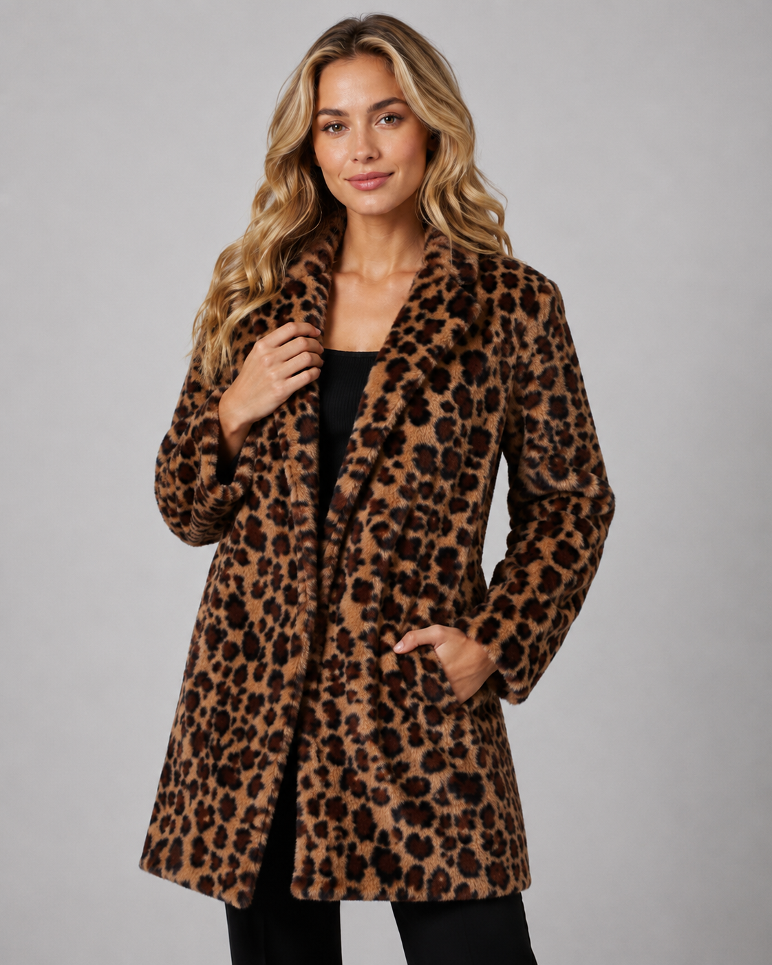 Leopard Print Faux Fur Shawl Collar Longline Coat 2