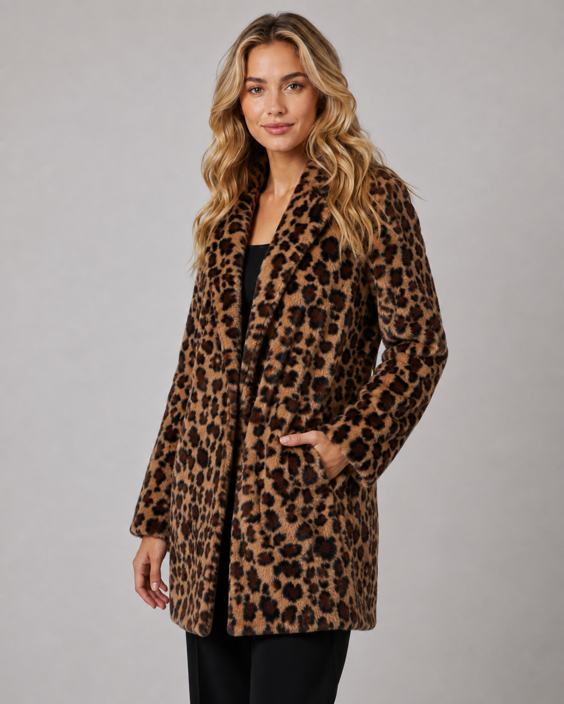 Leopard Print Faux Fur Shawl Collar Longline Coat 4