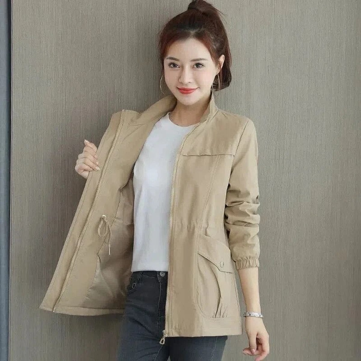 Stand Collar Drawstring Waist Zip Front Jacket