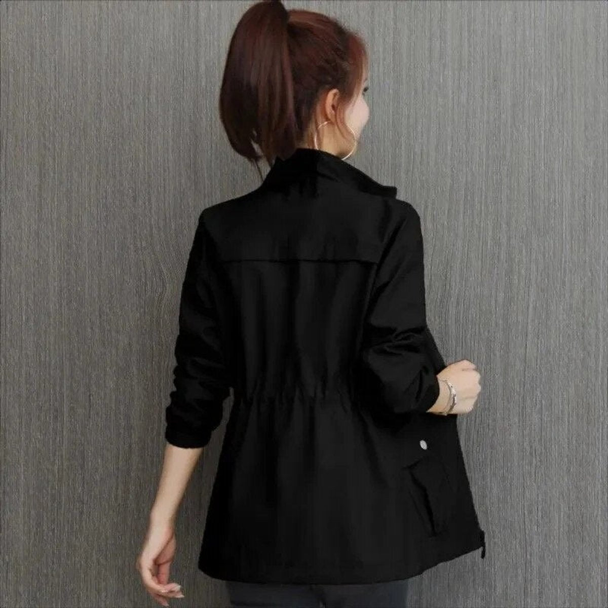 Stand Collar Drawstring Waist Zip Front Jacket 2