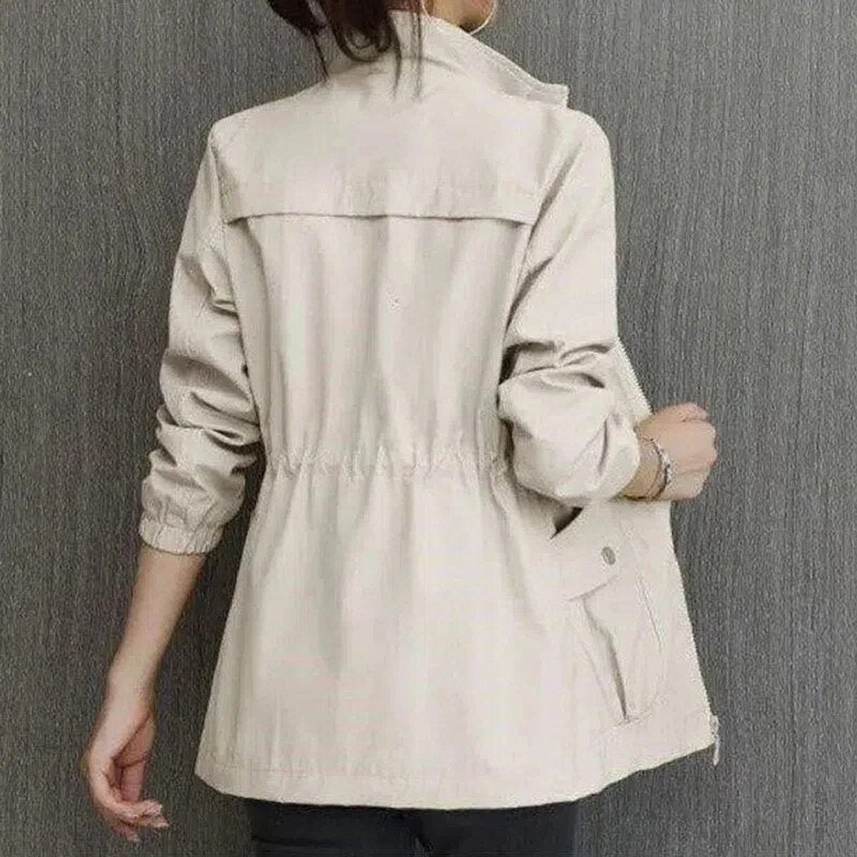 Stand Collar Drawstring Waist Zip Front Jacket 3
