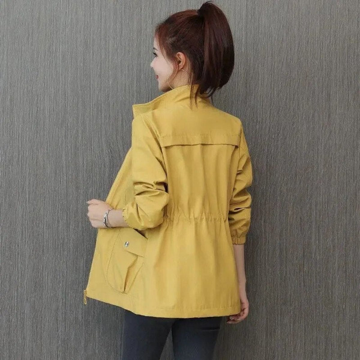 Stand Collar Drawstring Waist Zip Front Jacket 4