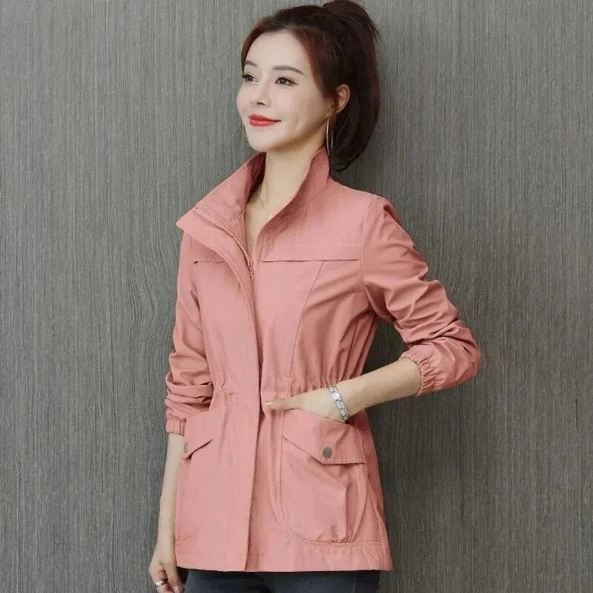 Stand Collar Drawstring Waist Zip Front Jacket 5