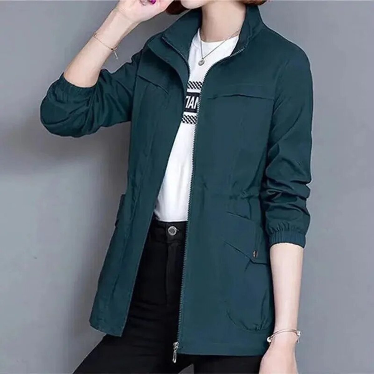 Stand Collar Drawstring Waist Zip Front Jacket 6
