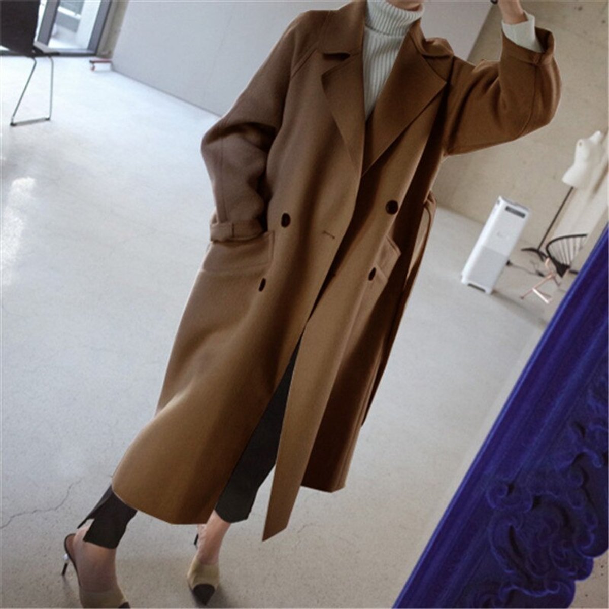 Double Breasted Lapel Belted Longline Coat 3