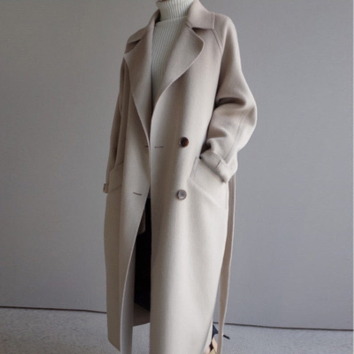 Double Breasted Lapel Belted Longline Coat 4