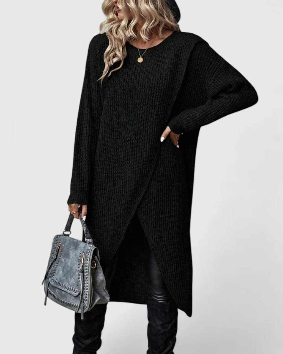 Crew Neck Long Sleeve Wrap Front High Low Knit Sweater Dress 3