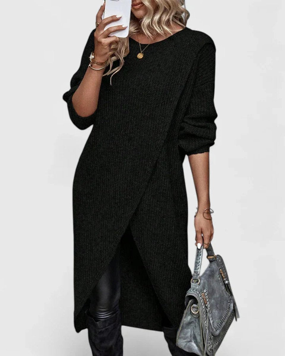 Crew Neck Long Sleeve Wrap Front High Low Knit Sweater Dress 4