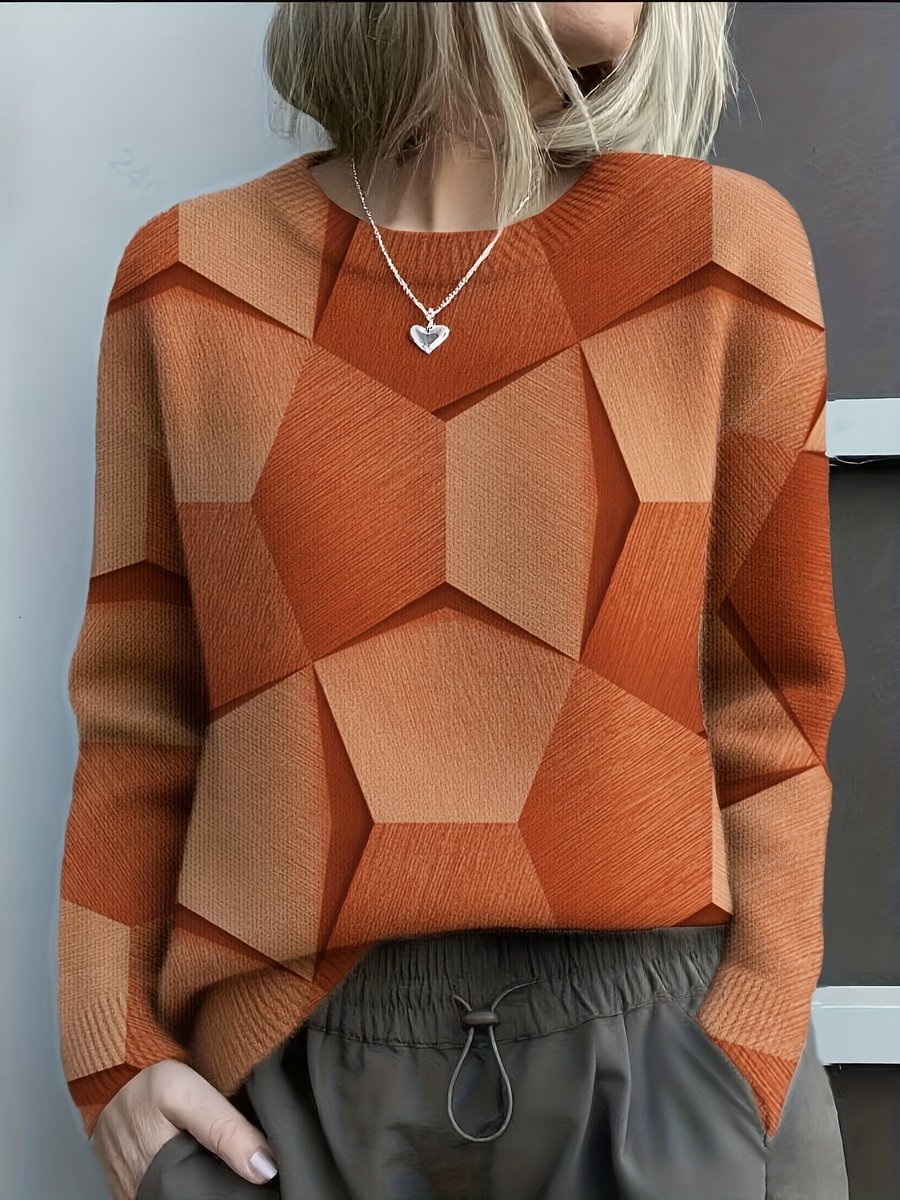 Crew Neck Long Sleeve Geometric Print Knit Sweater