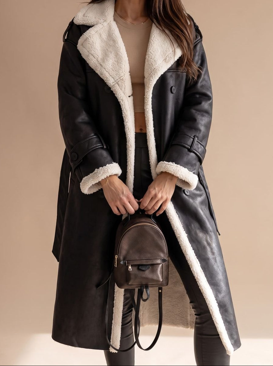 Faux Shearling Double Breasted Belted Longline Coat 2