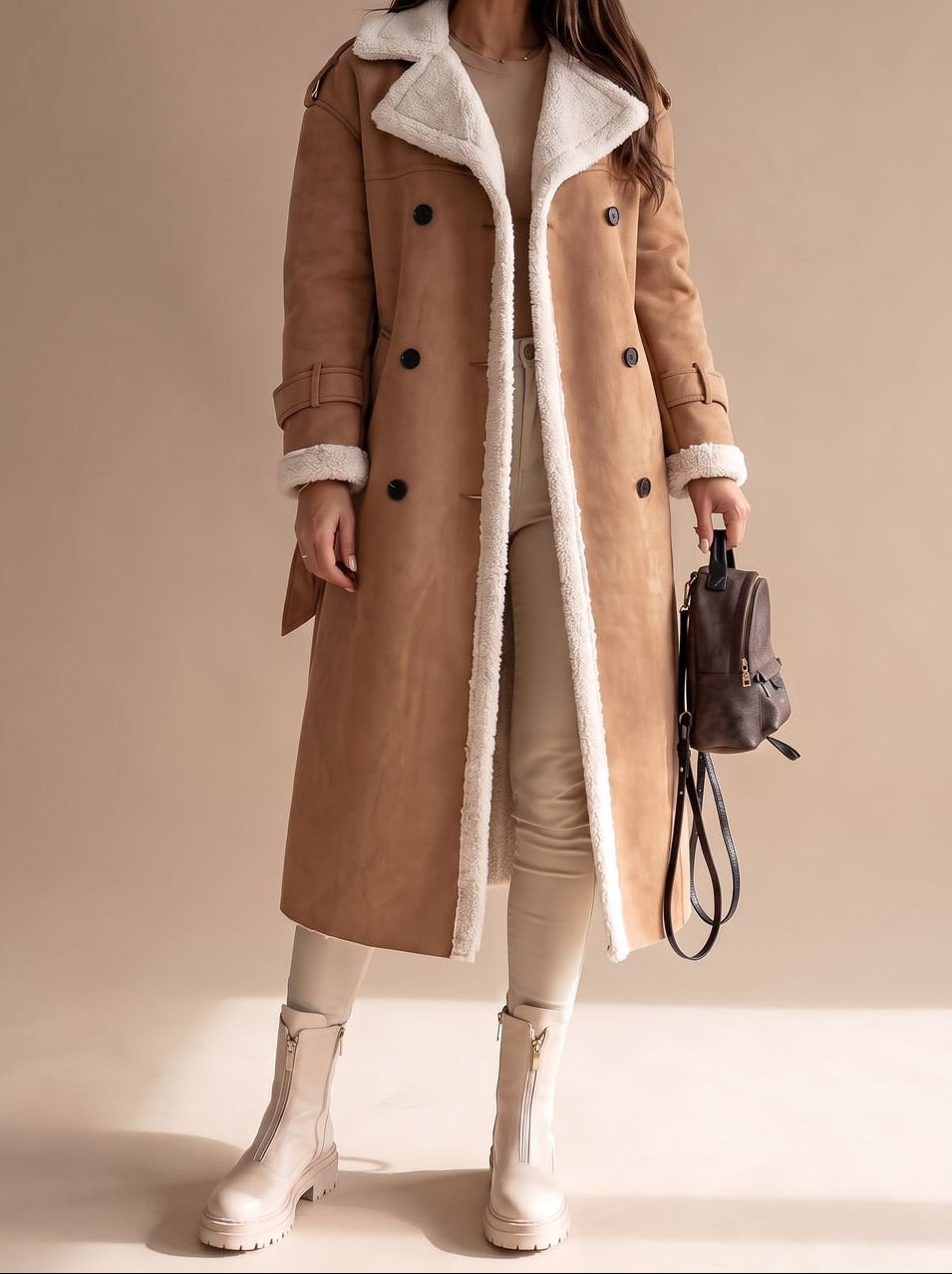 Faux Shearling Double Breasted Belted Longline Coat 3