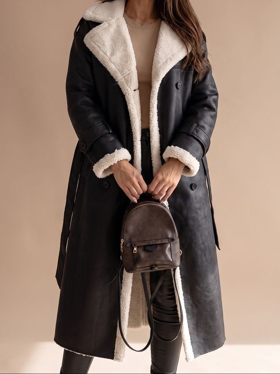 Faux Shearling Double Breasted Belted Longline Coat 7