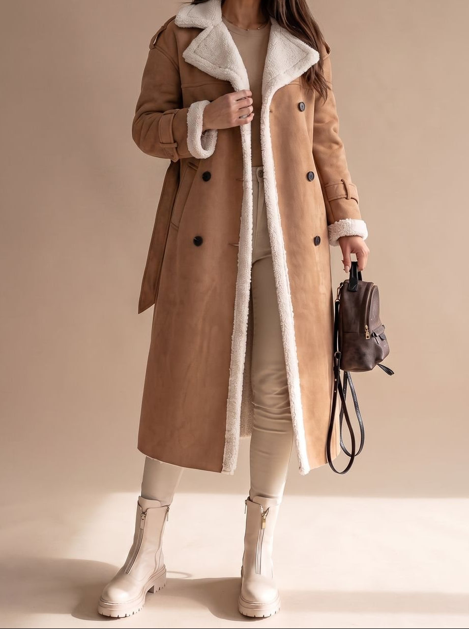 Faux Shearling Double Breasted Belted Longline Coat 8