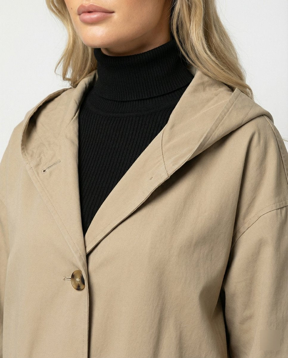 Hooded Button Front Patch Pocket Longline Trench Coat 2
