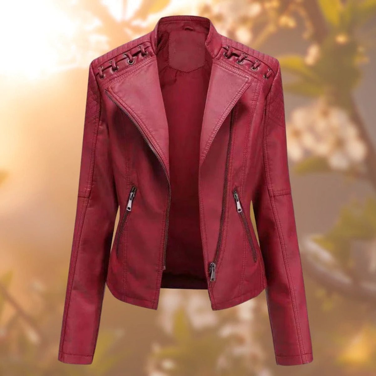 Faux Leather Stand Collar Zip Front Moto Biker Jacket 5