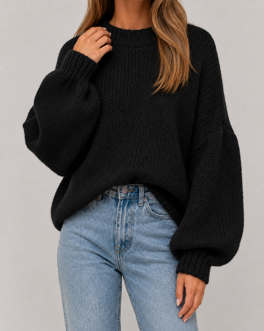Crew Neck Balloon Sleeve Oversized Chunky Knit Sweater 8