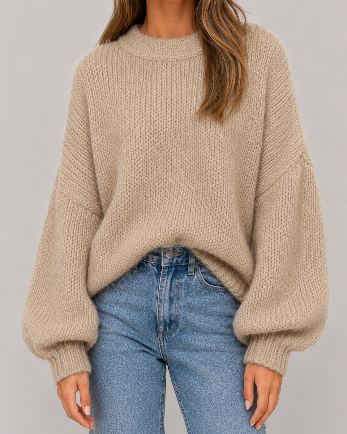 Crew Neck Balloon Sleeve Oversized Chunky Knit Sweater 9