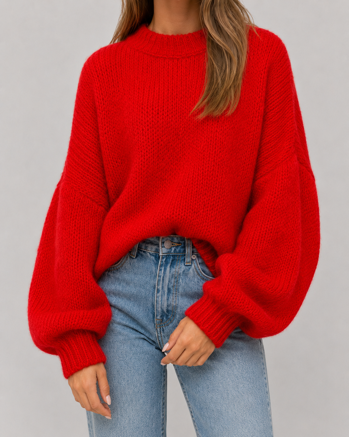 Crew Neck Balloon Sleeve Oversized Chunky Knit Sweater 10