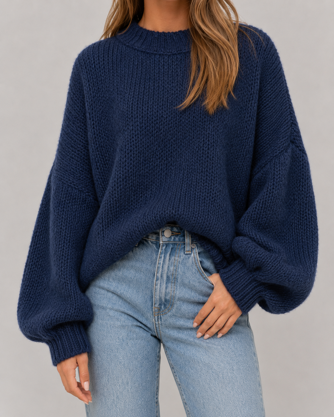Crew Neck Balloon Sleeve Oversized Chunky Knit Sweater 3