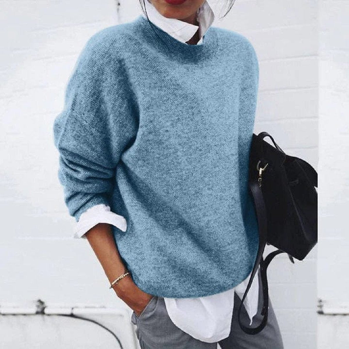 Crew Neck Long Sleeve Drop Shoulder Oversized Knit Sweater