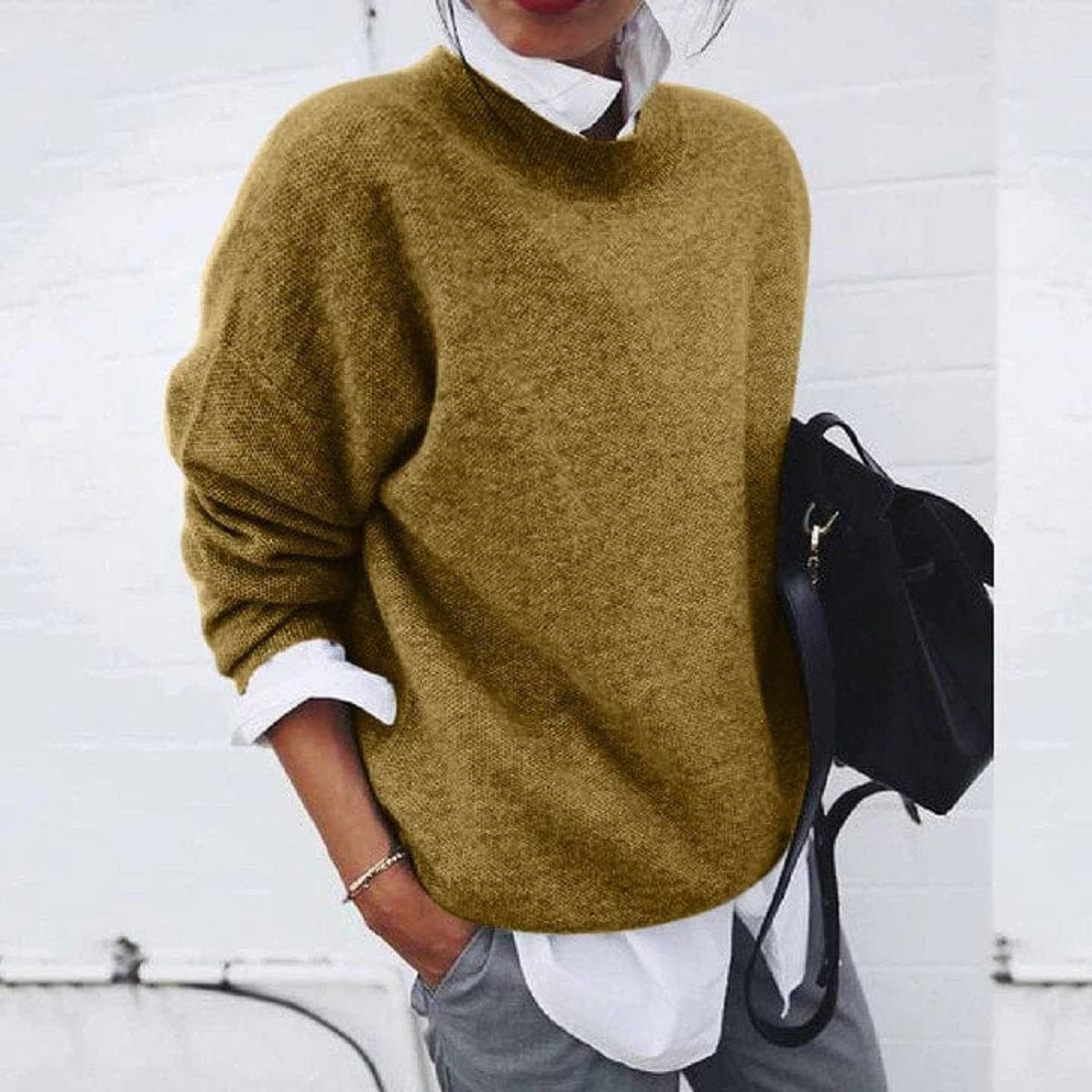Crew Neck Long Sleeve Drop Shoulder Oversized Knit Sweater 2
