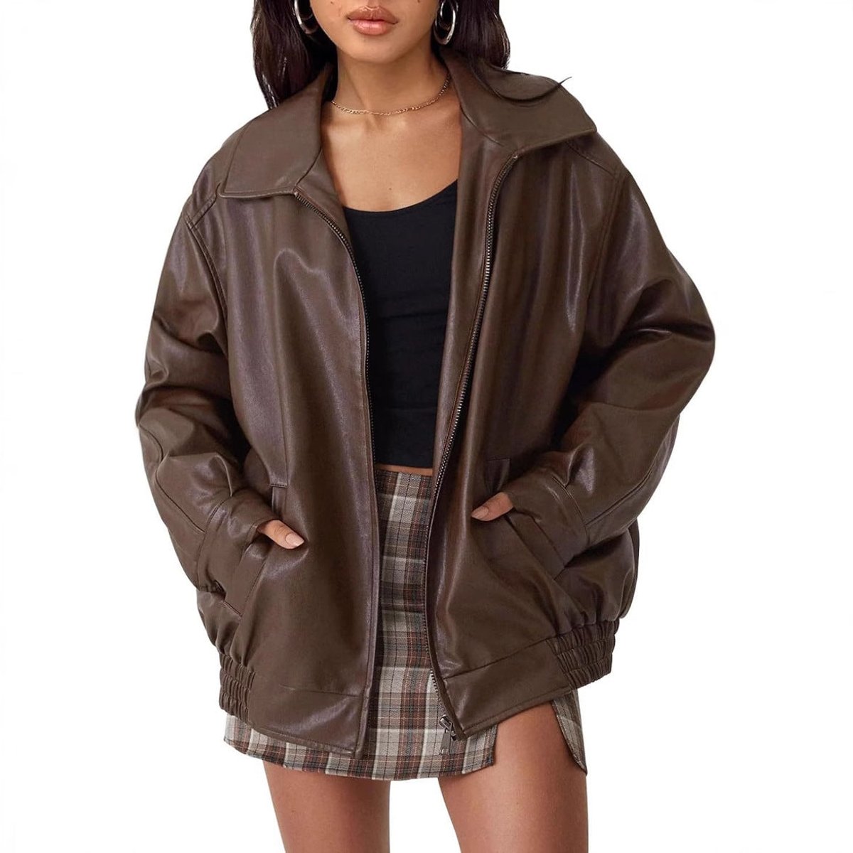 Faux Leather Zip Front Oversized Bomber Jacket